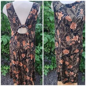 Vintage 90s rayon Floral Tie Back Maxi Dress Black Peach Sleeveless CasualSummer